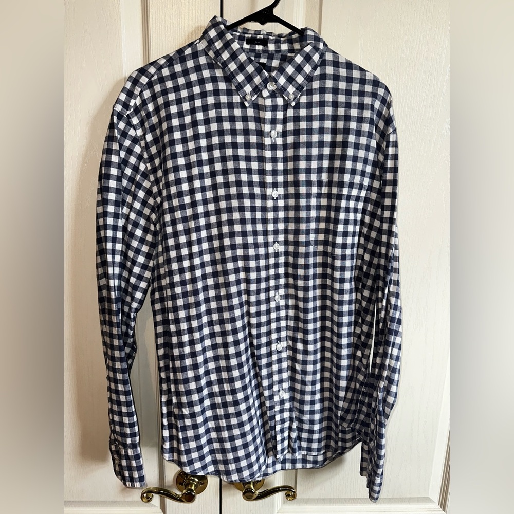 J.Crew Factory Cotton/Linen Blend Button Down - Blue Gingham (XL Slim)